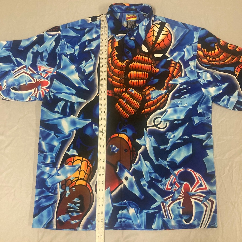 Vintage 2001 Marvel Comics Spider-Man Button Down Shirt XL Blue Shattered Glass - Picture 6 of 13